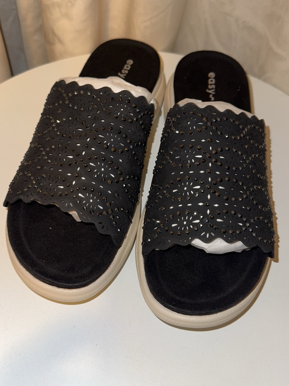 Easy Spirit Black Laser-Cut Slide Sandals with Stud Accents